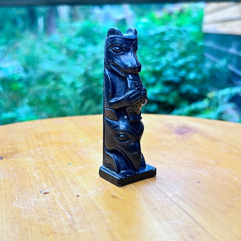Vintage Totem Pole Figurine Small Black Raven Bear Salmon Faux Argillite Boma